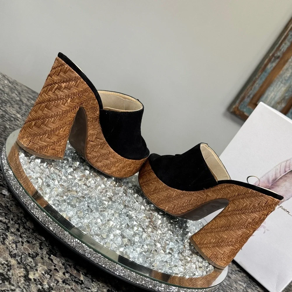 Jessica Simpson Black Suede Platform Mule Heels with Woven Brown Platform